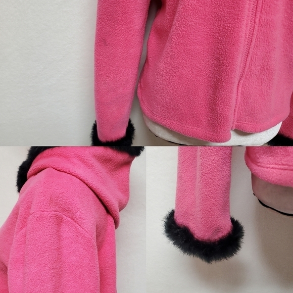 VINTAGE OOAK Upcycled Hot Pink Fleece Black Rabbit Fur Trim Full-zip Cardigan - Picture 16 of 16